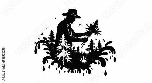 Farmer tending to cannabis plants in a stylized, organic landscape.