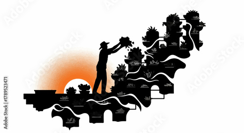 Farmer planting crops on terraced land at sunrise, symbolizing growth and hard work