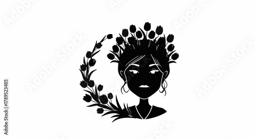 Mysterious woman adorned with dark floral headdress, conveying a sense of intrigue and elegance.