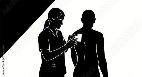 Medical professional applying a patch to a patient's back for treatment or vaccination.