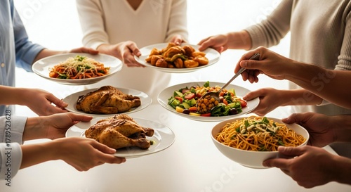 ThanksGiving Day Delicious food feast with family and friends, featuring golden roasted chicken, vibrant salads, and tempting pasta dishes ready to be enjoyed in a joyful and inviting atmosphere