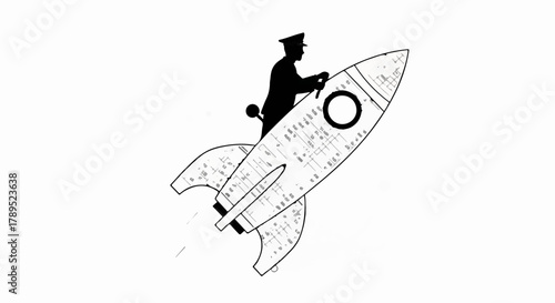 Whimsical illustration of a person in uniform piloting a retro rocket ship.