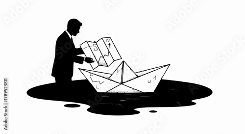 Silhouette of a businessman launching a paper boat, symbolizing new beginnings and adventure.
