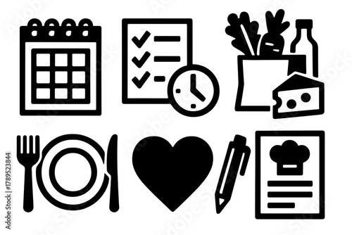 Bold Meal Icon Set. Weekly Meal Icons silhouette icon set: planner, checklist, clock, groceries, plate, heart, pen, recipe card.
