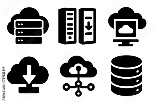 Brutalist Cloud Computing Icons. Cloud Computing silhouette icon set: cloud server, data center, virtual machine, API connection, cloud storage, database symbol.