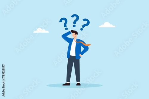 Flat illustration of confused businessman with question marks showing uncertainty memory loss hesitation and difficulty in decision making