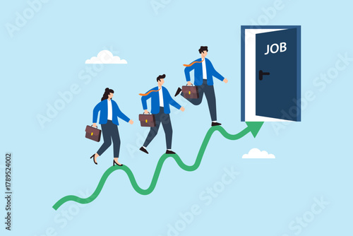 Flat illustration of applicants walking along fluctuating career graph toward open office door symbolizing job hunting journey employment opportunity market challenge and professional growth