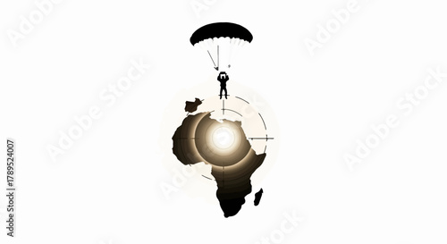 Person parachuting from globe, symbolizing global adventure and exploration