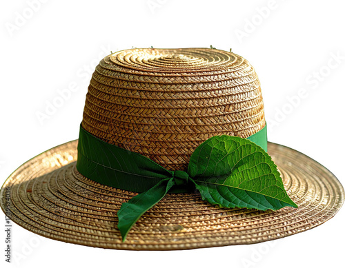 Woven straw sunhat adorned with a green leaf and ribbon