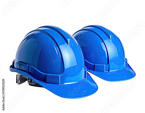 Two blue hard hats, construction gear