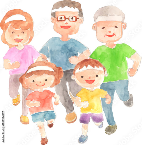鉢巻をつけて走る家族の水彩イラスト　ベクター