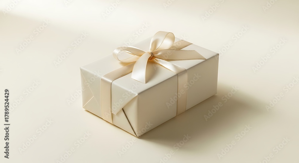 Obraz premium Elegant ivory gift box with satin ribbon bow, perfect for special occasions and celebrations.