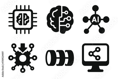 Brutalist AI Icons. AI Processing silhouette icon set: neural chip, brain circuit, AI node network, inference engine, data pipeline, machine learning icon.