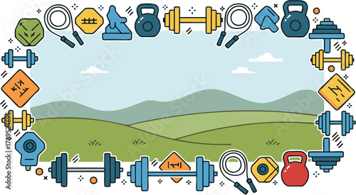 Fitness and Gym Equipment Frame Dumbbells, Kettlebells, Jump Ropes, and Exercise Elements on Green Landscape
