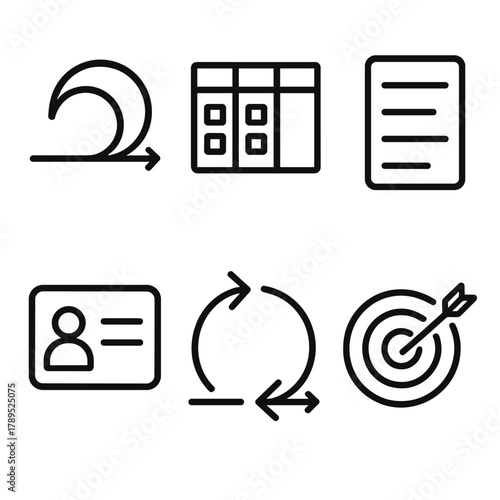 Scrum Icons Overview. Scrum linear icon set: sprint cycle, scrum board, backlog list, user story card, iteration arrows, product goal.