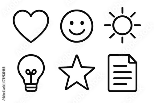 Positive Icon Set. Positive mindset linear icon set: heart, smile icon, sun, light bulb, star, document.