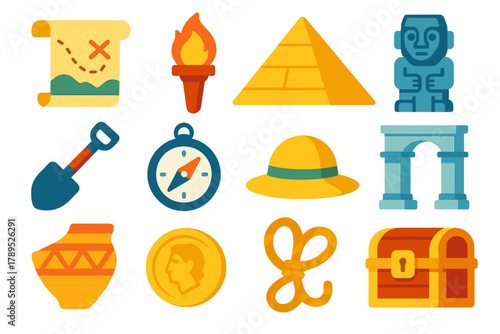 Ancient Icons Collection. Ancient Exploration flat icons: scroll map, torch, pyramid, artifact, shovel, compass, explorer hat, ruins arch, pottery shard, ancient coin, rope, chest.
