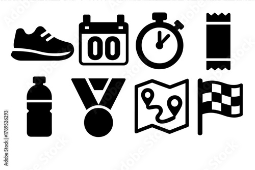 Brutalist Marathon Icons. Marathon Training Set silhouette icon set: sneakers, bib number, timer, energy bar, water bottle, medal, route map, flag.