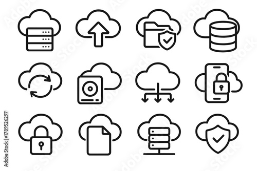 Cloud Storage Icons. Cloud Storage linear icon set: cloud server, upload arrow, secure folder, database symbol, shield icon, sync arrows, backup drive, data flow, mobile device,