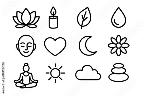Mindful Harmony Icons. Peaceful Mind linear icon set: lotus, candle, leaf, water droplet, calm face, heart, moon, flower, yoga pose, sun, cloud, balance stones.
