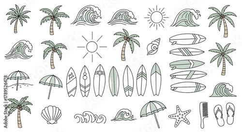 A collection of hand-drawn beach and surfing themed doodle icons on a white background.
