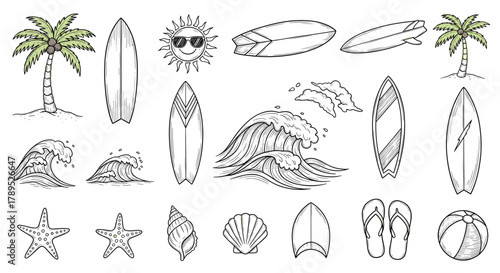 A collection of hand-drawn summer beach and surfing elements, including surfboards, palm trees, waves, and shells in a doodle style.