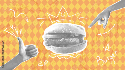 The king of crispy chicken burgers. A trendy halftone collage. Monochrome elements. Creative design. Food concept, template for restaurant and cafe menus, and delivery.