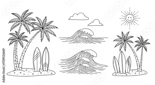A collection of hand-drawn doodle elements depicting a tropical surfing beach scene with palm trees and waves.