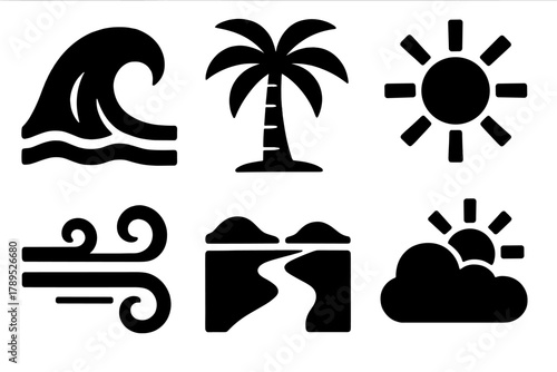 Coastal Icon Set. Coastal Climate silhouette icon set: ocean wave, palm tree, soft sunlight, sea breeze, beach path, balanced weather.