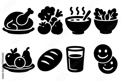 Bold Dinner Icons. Family Dinner silhouette icon set: roasted chicken, vegetables, soup, salad bowl, fruit plate, bread roll, water glass, smiling faces.