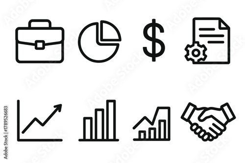 Business Metrics Icons. Business Metrics linear icon set: briefcase, pie chart, dollar sign, document, gear, graph, bar chart, handshake.