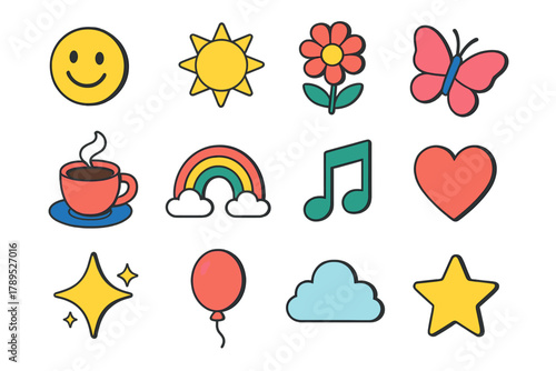 Vibrant Joyful Icons. Joyful Moments modern flat icons set: smile emoji, sun, flower, butterfly, coffee cup, rainbow, music note, heart, sparkle, balloon, cloud, star.
