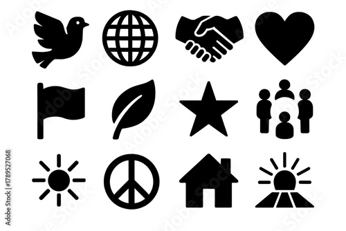 World Peace Icons. World Peace silhouette icon set: dove, globe, handshake, heart, flag, leaf, star, people circle, sun, peace symbol, home, light beam. , .