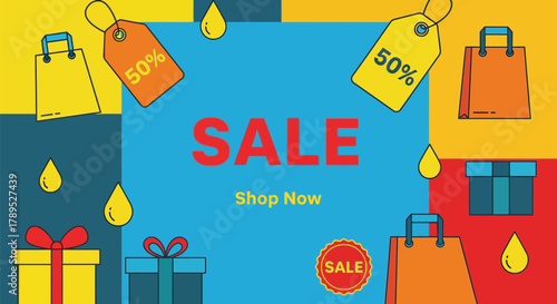 Shop now sale offer discount promotion shopping bags gifts percent vector