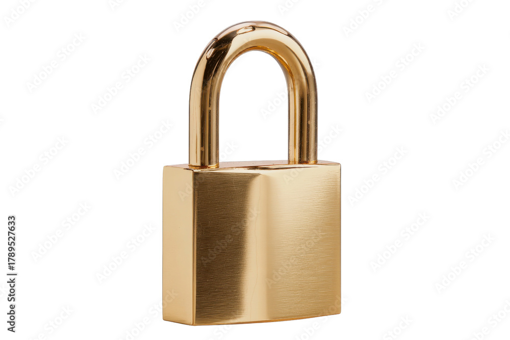 Fototapeta premium Polished Brass Padlock with Arched Shackle Isolated on Black security metal