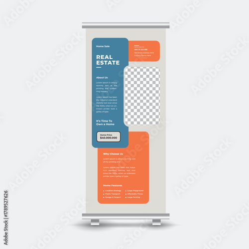 Real estate rollup banner template for home sale with contact information and property features