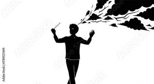 Silhouette of a person conducting with energy and ideas bursting from their head.