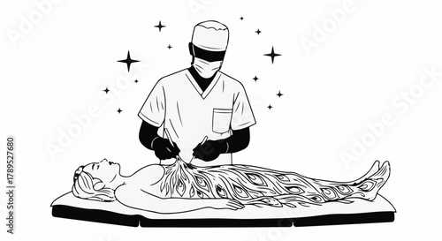 Surgeon meticulously creating a body adorned with peacock feathers, symbolizing transformation and artistry.