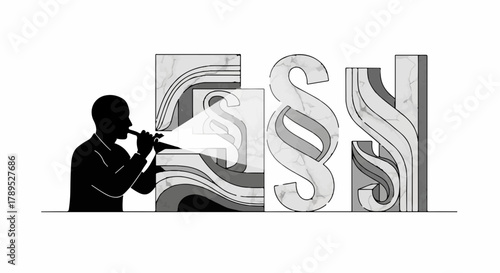 Silhouette of a person blowing into abstract legal symbols, representing innovation and creativity in law.
