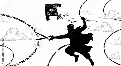 Silhouette of a person breaking free from chains with scissors, symbolizing liberation and new beginnings