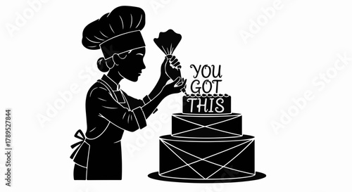 Skilled baker decorates a celebratory tiered cake with encouraging words, creating a moment of sweet success.