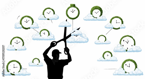 Silhouette of a person cutting clouds with clocks, symbolizing time management and deadlines.