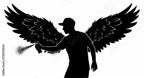 Urban artist with wings creates art with spray paint, a modern angel.