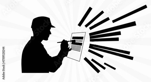 Silhouette of a person in a cap meticulously reviewing documents with focused attention.