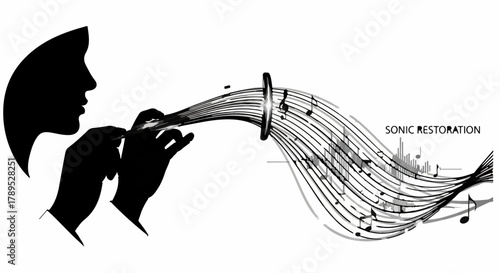 Musician's silhouette creates vibrant sound waves and musical notes flowing from instrument