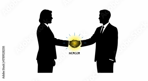 Silhouettes of two businessmen shaking hands with a glowing light and the word "MERGER" symbolizing a partnership or deal.