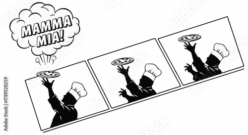 Chef skillfully tosses pizza dough in a comic strip sequence