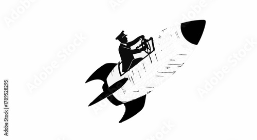 Determined pilot steers retro rocket ship on exciting journey through starry cosmos