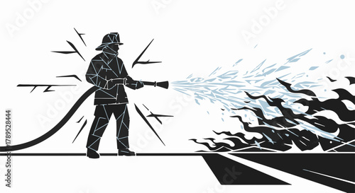 Brave firefighter bravely douses roaring flames with powerful water spray, showcasing courage and dedication.