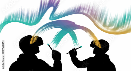Diverse creators collaborating in virtual reality, painting with digital brushes and colorful light.